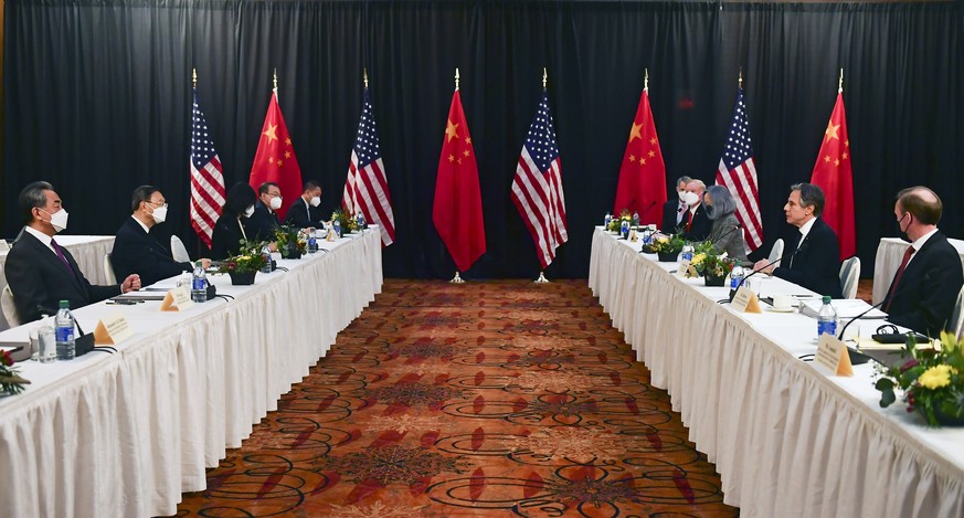 Secretary of State Antony Blinken, second from right, joined by national security adviser Jake Sullivan, right, speaks during the opening session of US-China talks with Chinese Communist Party foreign ...