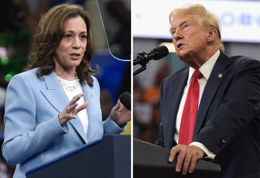 This combination of photos taken at campaign rallies in Atlanta shows Vice President Kamala Harris on July 30, 2024, left, and Republican presidential candidate former President Donald Trump on Aug. 3 ...