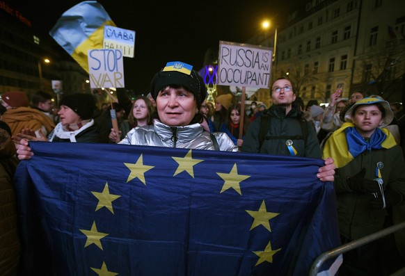 Million Moments for Democracy holds protest event in support of Ukraine in Wenceslas Square in Prague, Czech Republic, March 4, 2022. Ukrainian President Volodymyr Zelensky, organisers of similar even ...