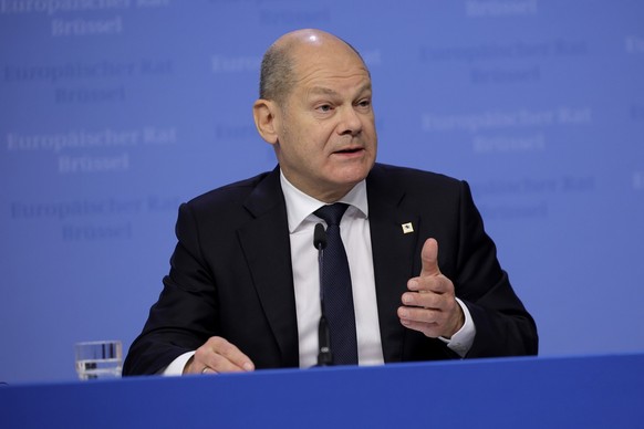 Germany's Chancellor Olaf Scholz speaks during a media conference at an EU summit in Brussels, Friday, Oct. 21, 2022. European Union leaders gathered Friday to take stock of their support for Ukraine  ...