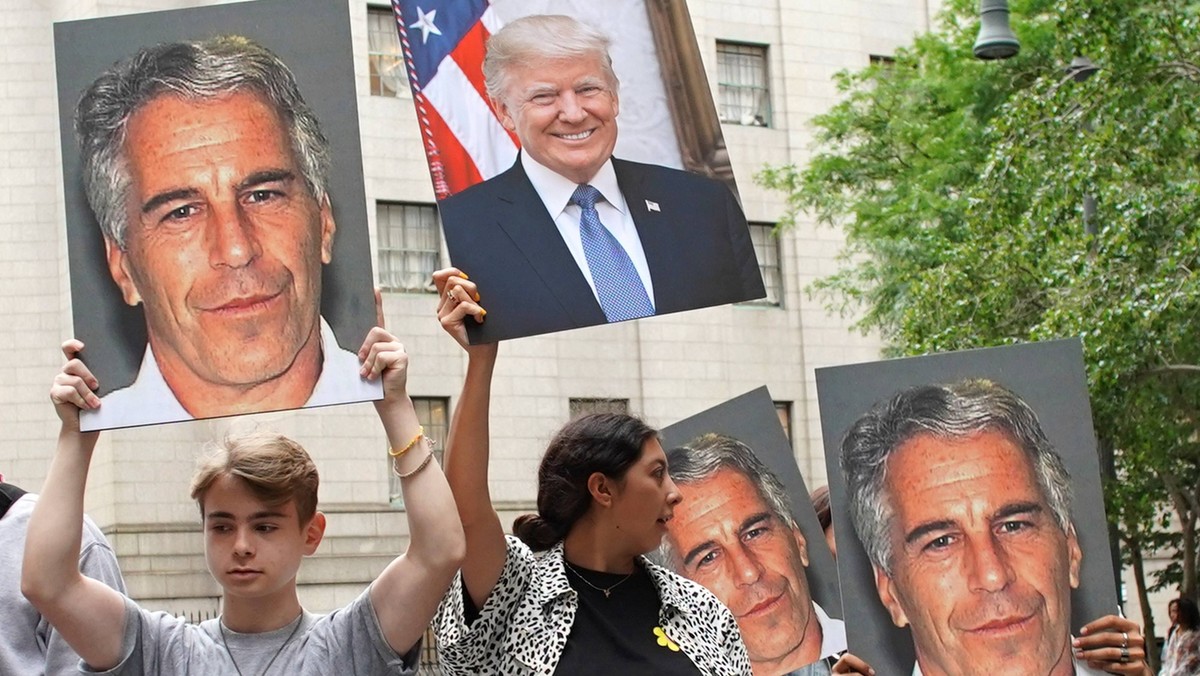 People hold up photos of Jeffrey Epstein and President Donald Trump while Billionaire Jeffrey Epstein awaits a bail hearing at Manhattan Federal Court after being arrested Saturday on sex-trafficking  ...