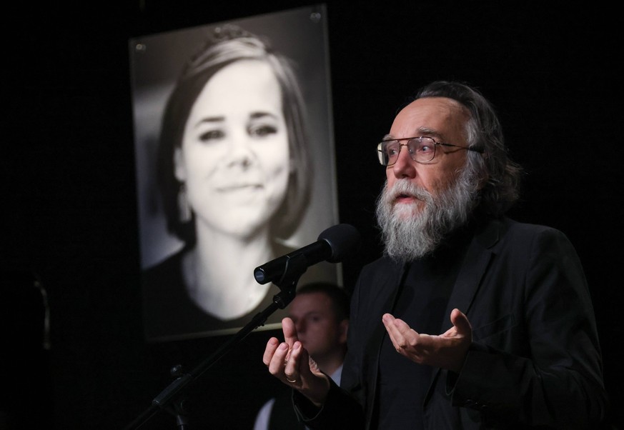 MOSCOW, RUSSIA - AUGUST 23, 2022: Russian political philosopher Alexander Dugin, leader of the International Eurasian Movement, speaks during a mourning ceremony for his daughter, Russian journalist D ...