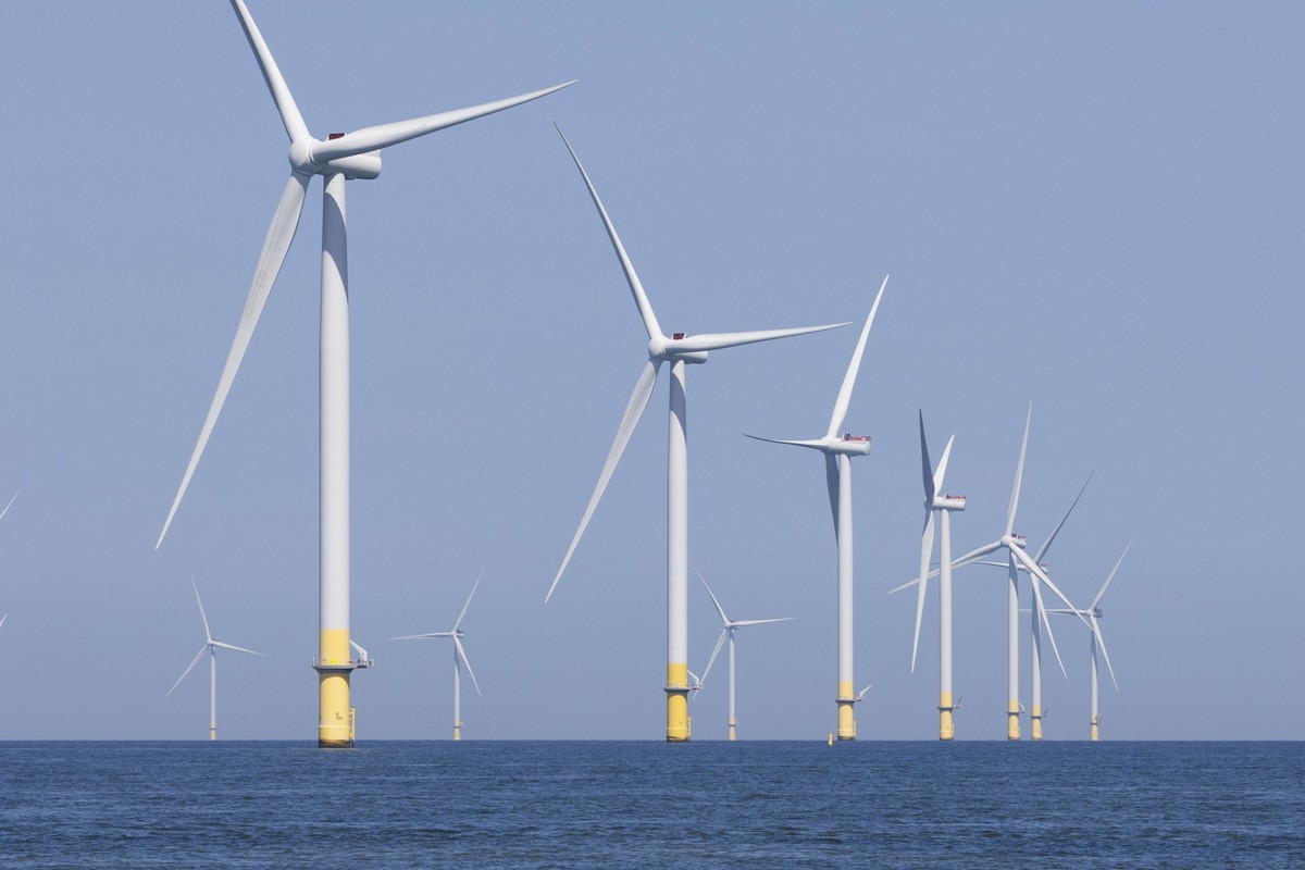 View of an offshore wind energy park during a press moment of Orsted, on Tuesday 06 August 2024, on the transportation of goods with Heavy Lift Cargo Drones to the offshore wind turbines in the Borsse ...
