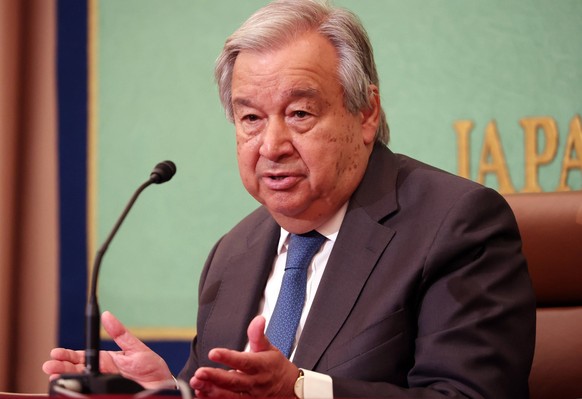 August 8, 2022, Tokyo, Japan - United nations Secretary General Antonio Guterres delivers a speech at the Japan National Press Club in Tokyo on Monday, August 8, 2022. Guterres arrived in Japan on Aug ...
