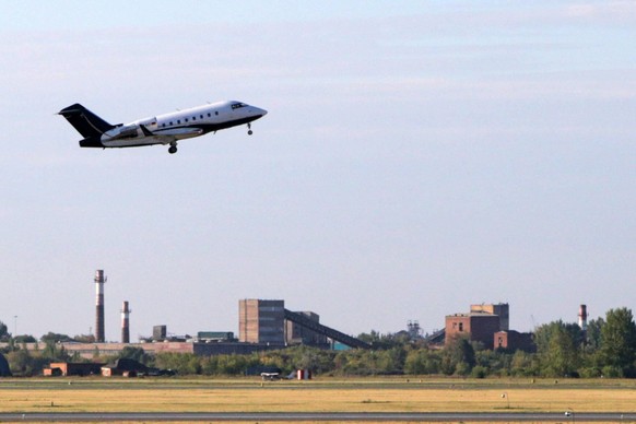 OMSK, RUSSIA - AUGUST 22, 2020: A FAI Air Ambulance plane takes off from Omsk s airport to take Russian opposition activist Alexei Navalny in an induced coma to Germany for further treatment. Head of  ...