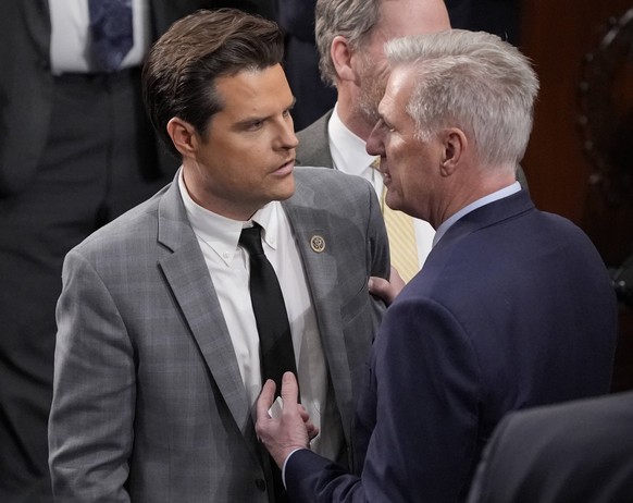 Rep. Kevin McCarthy, R-CA, speaks to Rep. Matt Gaetz, R-FL, as voting continues for Speaker at the U.S. Capitol in Washington, DC on Friday, January 6, 2023. The House is currently on its 15th vote to ...