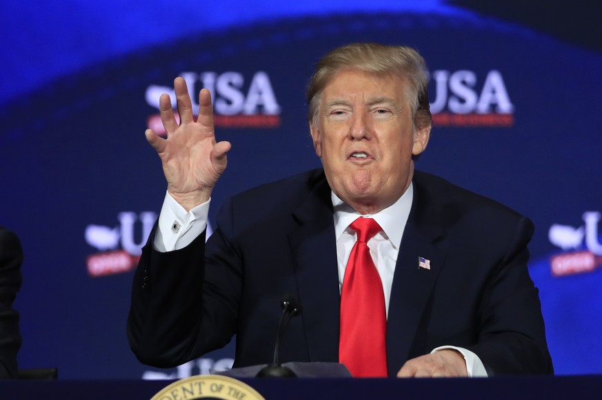 President Donald Trump speaks during a roundtable discussion on tax reform at Cleveland Public Auditorium and Conference Center in Cleveland, Ohio, Saturday, May 5, 2018. (AP Photo/Manuel Balce Ceneta ...