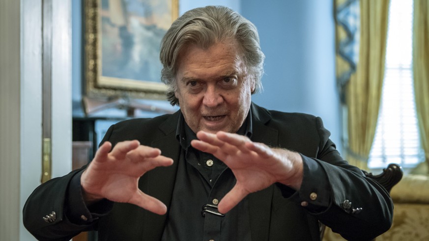 Steve Bannon, President Donald Trump's former chief strategist, talks about the approaching midterm election during an interview with The Associated Press, Sunday, Aug. 19, 2018, in Washington. Bannon ...