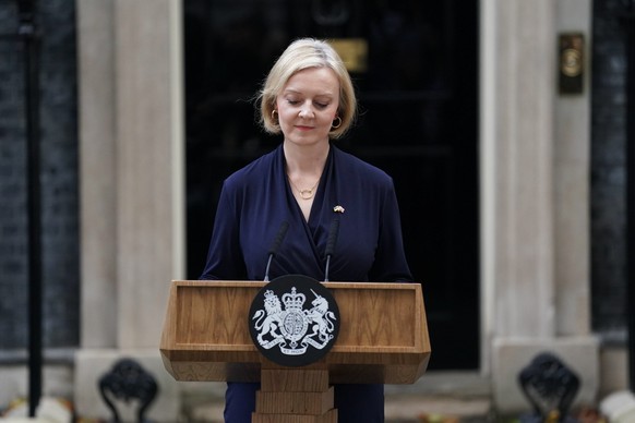 Britain's Prime Minister Liz Truss addresses the media in Downing Street in London, Thursday, Oct. 20, 2022. British Prime Minister Liz Truss resigned Thursday — bowing to the inevitable after a tumul ...