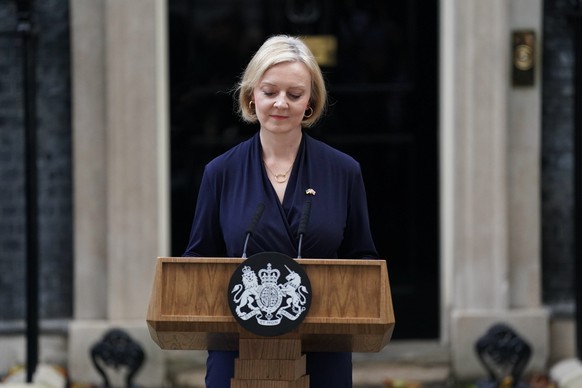 Britain's Prime Minister Liz Truss addresses the media in Downing Street in London, Thursday, Oct. 20, 2022. British Prime Minister Liz Truss resigned Thursday — bowing to the inevitable after a ...