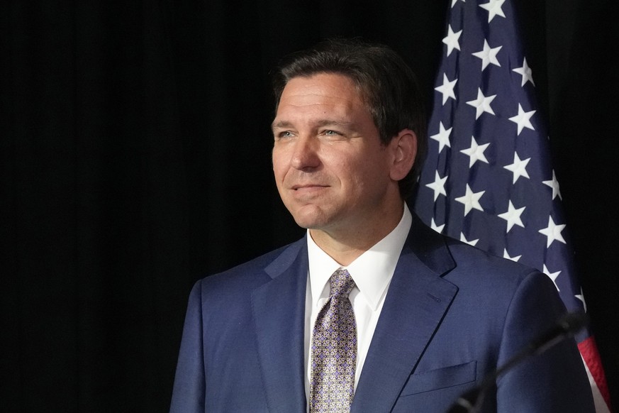 FILE - Florida Gov. Ron DeSantis looks on after announcing a proposal for Digital Bill of Rights, Wednesday, Feb. 15, 2023, at Palm Beach Atlantic University in West Palm Beach, Fla. (AP Photo/Wilfred ...