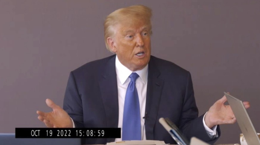In this image taken from video released by Kaplan Hecker &amp; Fink, former President Donald Trump answers questions during his Oct. 19, 2022, deposition for his trial against writer E. Jean Carroll.  ...