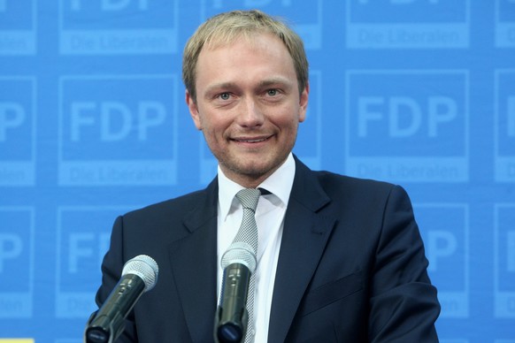 DUSSELDORF, GERMANY - MAY 13: Lead candidate of the German Free Democrats Christian Lindner speaks to the supporters after the announcement of initial exit poll results that give the FDP 8.5% of the v ...