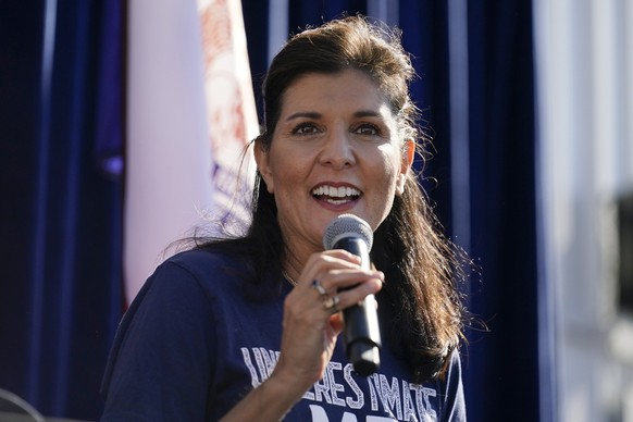 FILE - Republican presidential candidate former U.N. Ambassador Nikki Haley speaks during a Fair-Side Chat with Iowa Gov. Kim Reynolds at the Iowa State Fair, Saturday, Aug. 12, 2023, in Des Moines, I ...