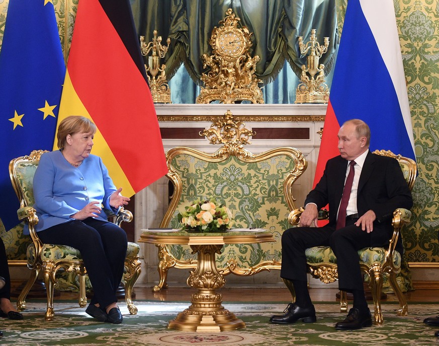 20.08.2021, Russland, Moskau: Bundeskanzlerin Angela Merkel (CDU) und Wladimir Putin, Pr