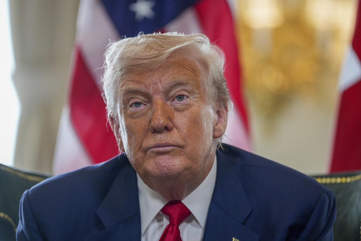 U.S. President Donald Trump talks to the media as he meets with British Prime Minister Keir Starmer at Trump Turnberry golf club in Turnberry, Scotland, Monday, July 28, 2025. (Christopher Furlong/Poo ...