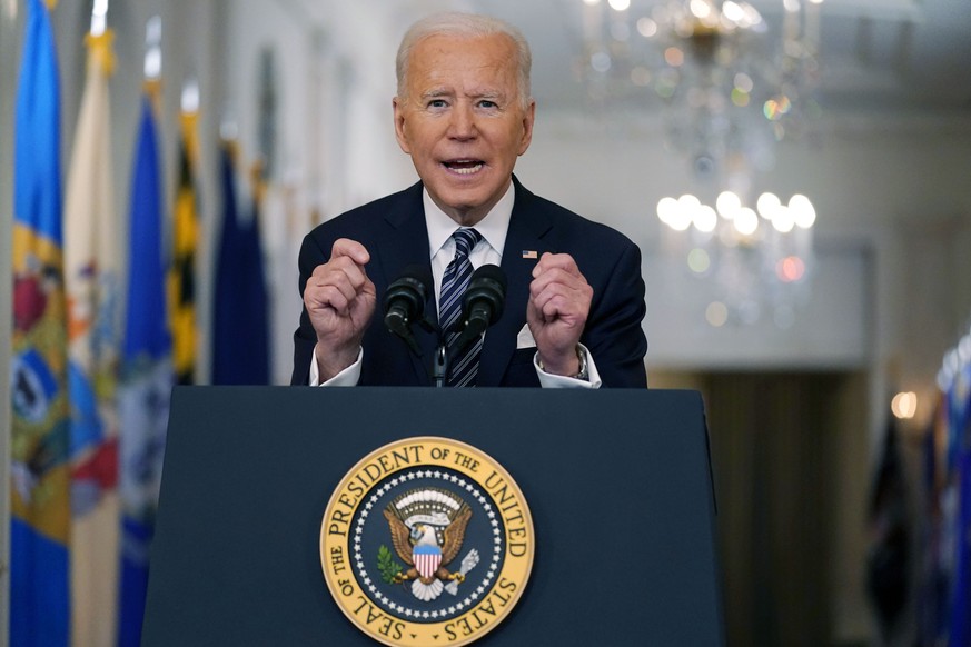 President Joe Biden speaks about the COVID-19 pandemic during a prime-time address from the East Room of the White House, Thursday, March 11, 2021, in Washington. (AP Photo/Andrew Harnik)