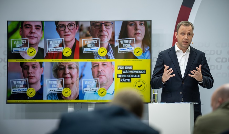 11.05.2023, Berlin: Mario Czaja, CDU-Generalsekretär, stellt die neue CDU-Kampagne &quot;Für eine Wärmewende ohne soziale Kälte&quot; in der Parteizentrale, dem Konrad-Adenauer-Haus, vor. Foto: Michae ...