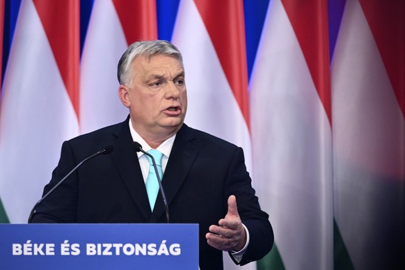 FILE - Hungarian Prime Minister Viktor Orban speaks during a yearly State of the Nation address in Budapest, Hungary, Saturday, Feb. 18, 2023. A country with authoritarian leanings spends millions, ma ...