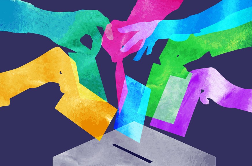 Colourful overlapping silhouettes of hands voting in watercolour texture