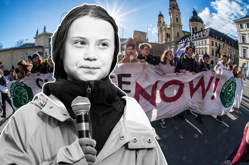 Greta Thunberg. Im Hintergrund: Eine Demonstration von Fridays for Future am Freitag in München gegen Siemens.
