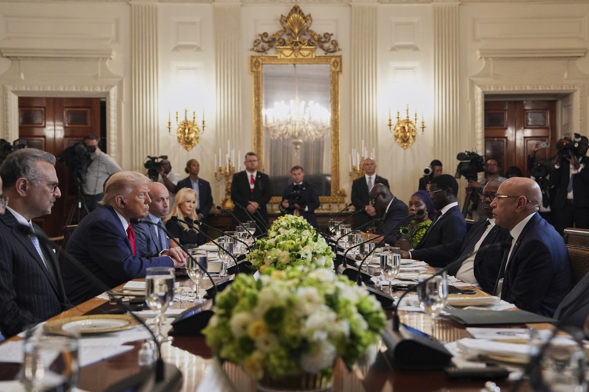President Donald Trump speaks during a lunch with African leaders including Senegalese President Bassirou Diomaye Faye, Liberian President Joseph Nyuma Boakai, Bissau-Guinean President Umaro Sissoco E ...