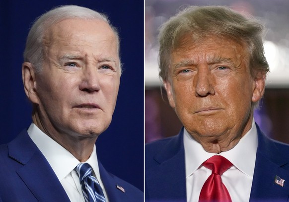 ARCHIV - 14.06.2023, USA, Salt Lake City/Bedminster: In dieser Bildkombination sprechen Joe Biden (l), Präsident der USA, am 10. August 2023 in Salt Lake City, und Donald Trump (Republikaner), ehemali ...