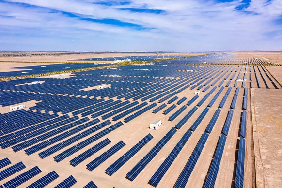 JIUQUAN, CHINA - APRIL 14, 2022 - Aerial photo taken on April 14, 2022 shows the Jinta Gobi desert Solar power plant in Jiuquan city, Gansu Province, China.