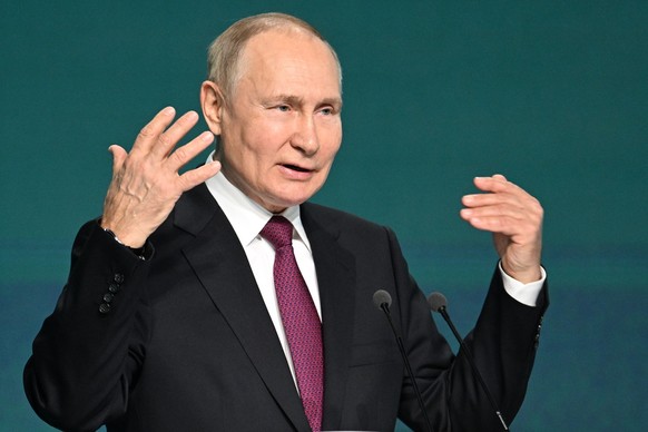 Russian President Vladimir Putin gestures as he addresses the International AI Journey Conference in Moscow, Russia, Thursday, Nov. 24, 2022. (Pavel Bednyakov, Sputnik, Kremlin Pool Photo via AP)