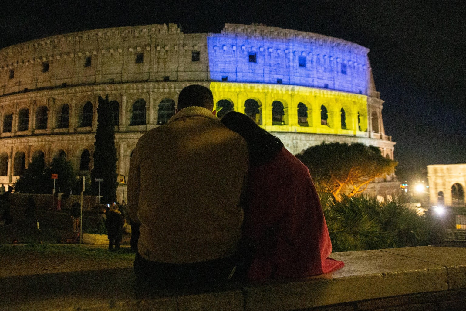 Italy: Ukrainian flag on the Colosseum in Rome Colosseum is illuminated with the colors of the Ukrainian flag, in solidarity with the Ukrainian people Rome Italy Copyright: MatteoxNardone
