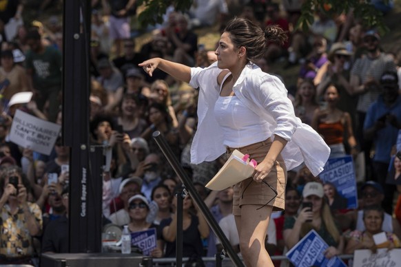 June 22, 2024, New York, New York, United States: Congresswoman Alexandria Ocasio-Cortez seen on stage during a rally in the Bronx with AOC, Bernie and Jamaal in support of re-election of Jamaal Bowma ...