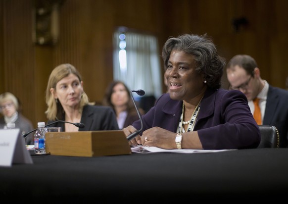 FILE - In this Jan. 9, 2014, file photo Assistant Secretary of State for African Affairs Linda Thomas-Greenfield, right, testifies during a Senate Foreign Relations Committee hearing on Capitol Hill i ...