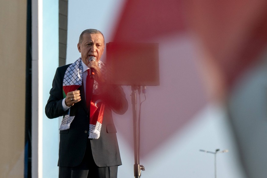 October 28, 2023, Yesilkoy, Istanbul, Turkey: President of The Republic of Turkey Recep Tayyip Erdogan speaks at the Great Palestine rally held at Ataturk Airport in Istanbul, Turkey on OctoberÃ 28,Ã  ...