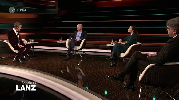 Die Gäste bei "Markus Lanz" (v.l.n.r.): Jürgen Trittin, Thea Dorn und Wolfram Weimer.