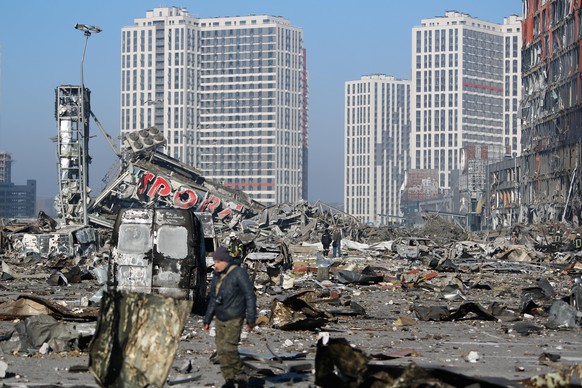 Wreckage and debris outside a damaged shopping centre in the Podilskyi district of Kyiv by Russian air strikes, amid Russian invasion, in Kyiv, Ukraine, 21 March 2022. Russian invasions have forced mi ...