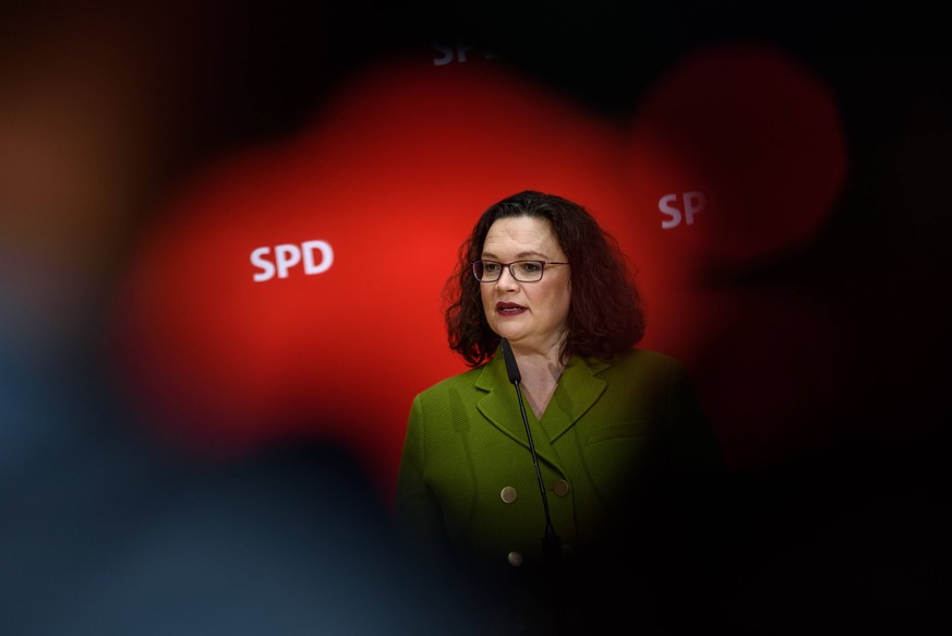 Parteivorsitzende Andrea Nahles bei der Pressekonferenz nach Sitzung des SPD-Parteivorstands zum Thema Ost-West-Angeleichung 30 Jahre nach dem Fall der Mauer unter dem Motto Jetzt ist unsere Zeit. Auf ...