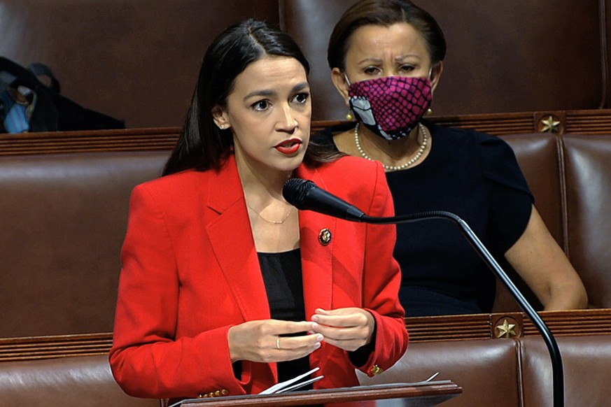 In this image from video, Rep. Alexandria Ocasio-Cortez, D-N.Y., speaks on the House floor, Thursday, July 23, 2020 on Capitol Hill in Washington. Ocasio-Cortez's objections to a Republican lawmaker's ...