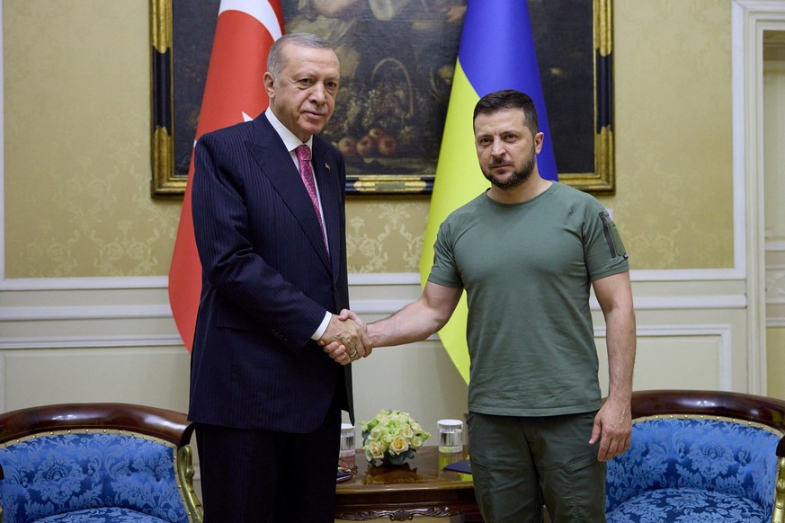 Ukraine&#039;s President Volodymyr Zelenskiy and Turkish President Tayyip Erdogan shake hands during a meeting, amid Russia&#039;s attack on Ukraine, in Lviv, Ukraine August 18, 2022. Ukrainian Presid ...