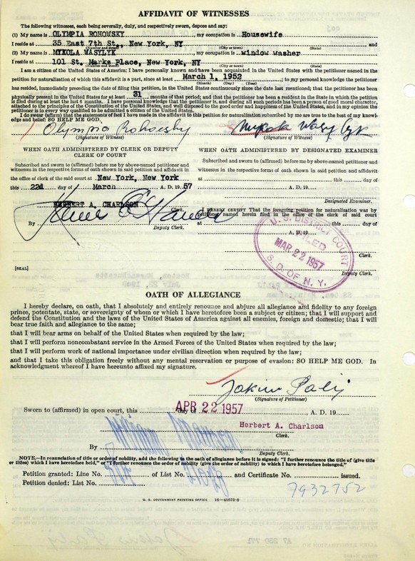 This document, photographed July 16, 2018 at the National Archives at New York City, shows the reverse side of the Petition for Naturalization of Jakiw Palij, a former Nazi concentration camp guard wh ...