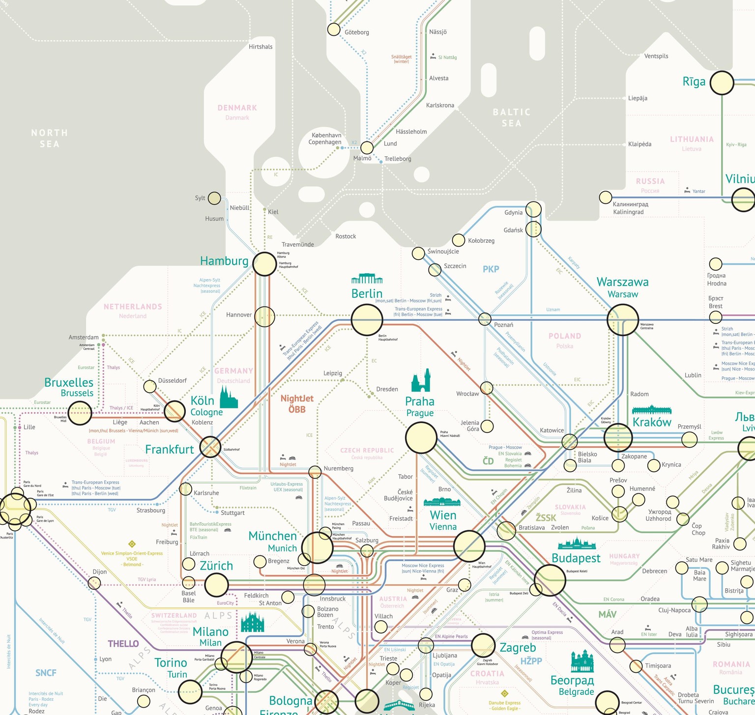 Jug Cerovićs Karte mit allen Nachtzugverbindungen Europas. Die vollständige, zoombare Karte <a target="_blank" rel="nofollow" href="http://www.night-trains.com/europe">hat er auf seine Website</a> geladen. 