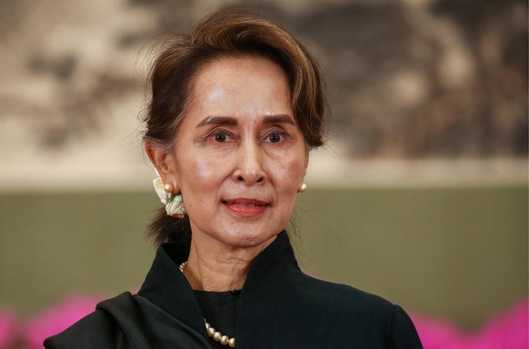 BEIJING, CHINA - APRIL 26, 2019: Aung San Suu Kyi, State Counsellor of Myanmar, ahead of a reception on behalf of China s President Xi Jinping and his wife marking the Belt and Road Forum at the Natio ...