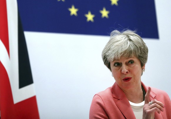 British Prime Minister Theresa May speaks during a media conference at the conclusion of an EU-Arab League summit at the Sharm El Sheikh convention center in Sharm El Sheikh, Egypt, Monday, Feb. 25, 2 ...