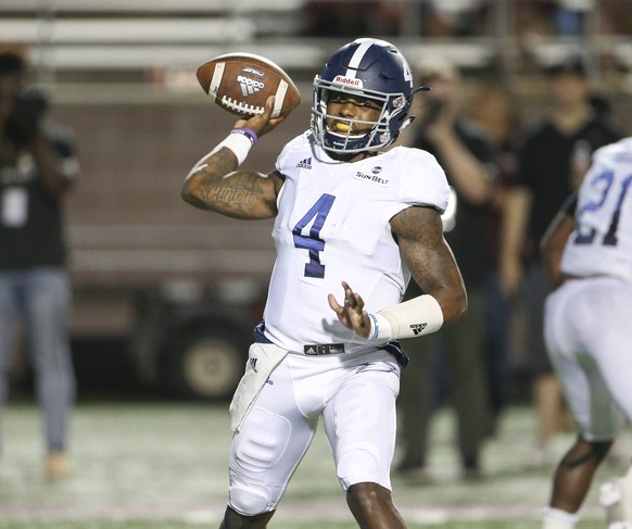 October 11, 2018 - San Marcos, USA - Georgia Southern Eagles quarterback Shai Werts (4) passes the ball during an NCAA College League USA football game between Texas State and Georgia Southern on Thur ...