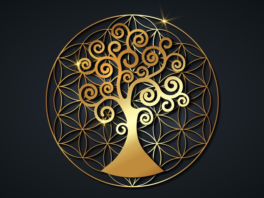 tree of life and flower of life, gold spiritual mandala, Sacred Geometry. Bright golden symbol of harmony and balance. Mystical talisman, luxury round logo vector isolated on black background