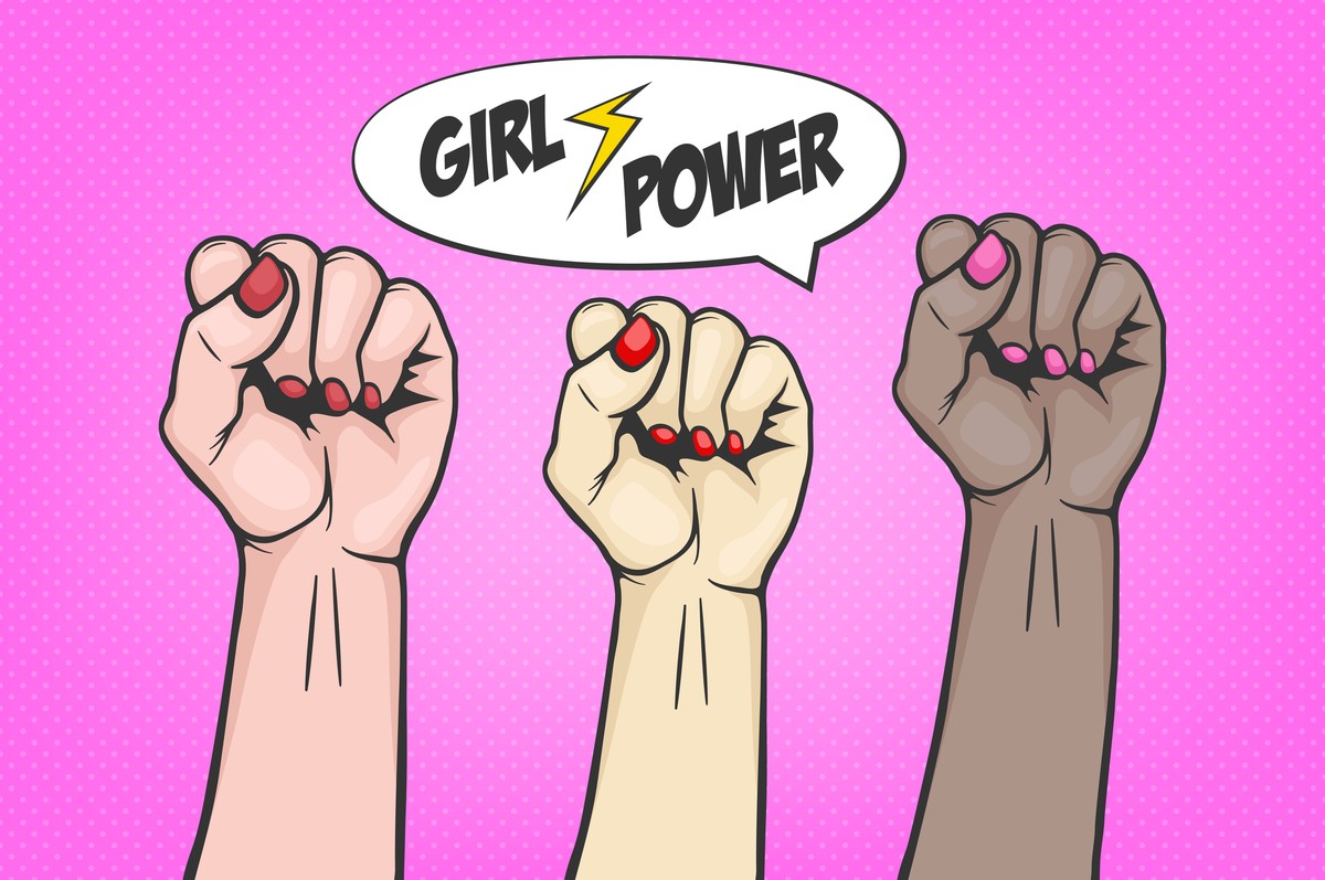 Background with three raised women s fist in pop art comic style - symbol unity or solidarity, with oppressed people and women s rights. Plackard with feminism concept, protest, rebel, revolution or s ...