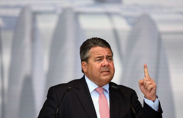 DUISBURG, GERMANY - APRIL 11: The German Federal Minister for Environment Sigmar Gabriel speaks during a protests of Steelworkers against European policies they see threatening their future in front o ...