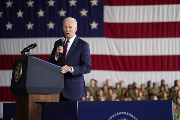 President Joe Biden speaks at Joint Base Elmendorf-Richardson to mark the anniversary of the Sept. 11 terrorist attacks, Monday, Sept. 11, 2023, in Anchorage, Alaska. (AP Photo/Evan Vucci)