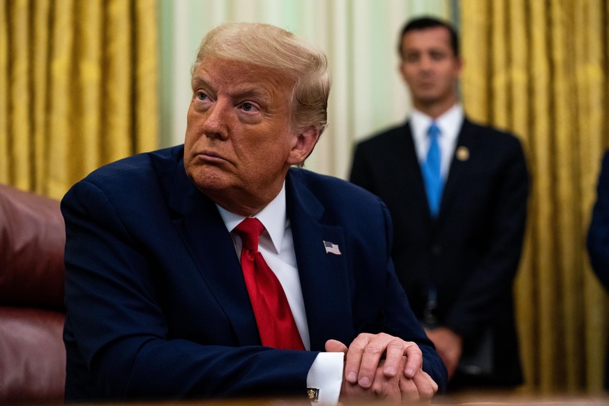 WASHINGTON, DC - JULY 15: President Donald Trump speaks in the Oval Office of the White House after receiving a briefing from law enforcement on &quot;Keeping American Communities Safe: The Takedown o ...