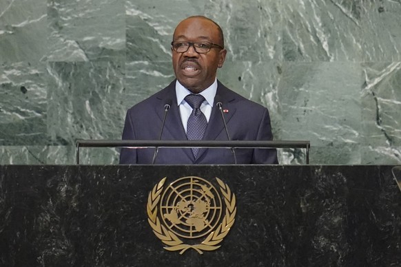 FILE - President of Gabon Ali Bongo Ondimba addresses the 77th session of the United Nations General Assembly, Wednesday, Sept. 21, 2022 at U.N. headquarters. Nearly a dozen soldiers took to state tel ...