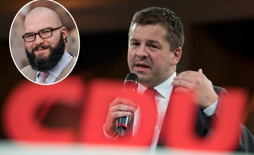 04.05.2019, Sachsen-Anhalt, Halle (Saale): Sven Schulze, Generalsekretär und Spitzenkandidat der CDU Sachsen-Anhalt zur Europawahl, spricht auf dem Landesparteitag der CDU Sachsen-Anhalt. Mit dem Land ...